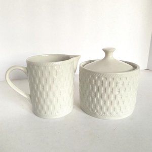 White Sugar Bowl With Lid & Creamer Set Wicker Basketweave Design LNT Home